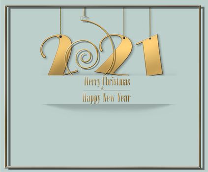 Elegant luxury 2021 Merry Christmas Happy New Year card in pastel green colour with gold shiny text 2021 and gold spiral. 3D Illustration