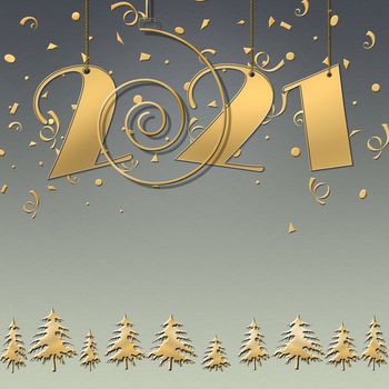 Luxury Happy New 2021 Year design with hanging 2021 digits, gold spiral, christmas trees on blue background. Winter holidays graphic, web design, business card, calendar. Copy space. 3D illustration