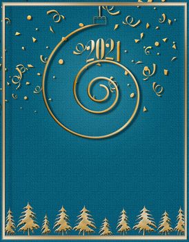 Happy new year 2021 gold template. Design for banner, greeting cards, brochure or print. Turquoise background with gold confetti and hanging spiral with 2021. Copy space, mock up, banner. 3D illustration