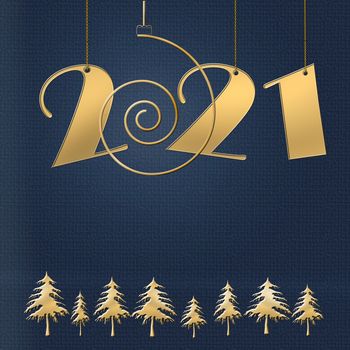 Luxury Happy New 2021 Year design with hanging 2021 digits numbers on chain, gold spiral and christmas trees on blue background. Winter holidays graphic, web design, business card, calendar cover. Copy space. 3D illustration