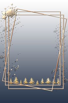 Elegant Christmas background with gold Christmas tree and confetti on pastwel blue background with gold frames. Copy space, 3D illustartion