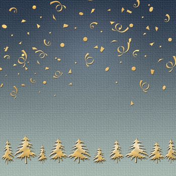 Happy new year elegant luxury gold greeting card with gold Christmas trees and gold confetti on blue pastel background. Minimalistic greeting bisuness card. Copy space, mock up. 3D illustration