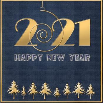 Luxury Happy new year 2021 gold text template. Design for banner, greeting cards, brochure, print. Blue background with gold christmas trees. Copy space, mock up, banner. 3D illustration