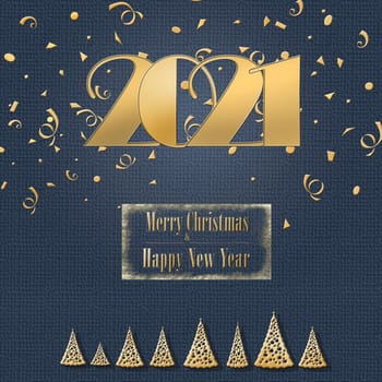 Happy new 2021 year elegant luxury gold greeting card with gold Christmas trees and text 2021 on blue background. Minimalistic text template. Copy space, mock up. 3D illustration