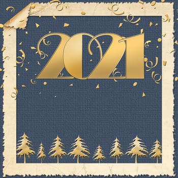 Happy new 2021 year elegant luxury gold greeting card with gold Christmas trees and text 2021 on blue background with torn paper frame. Minimalistic text template. Copy space, mock up. 3D illustration