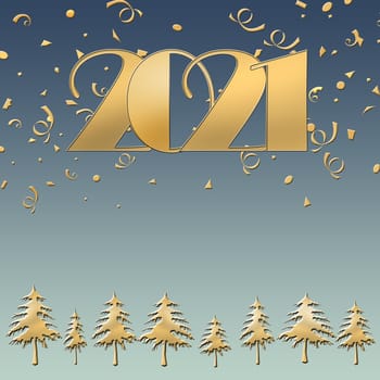 Happy new 2021 year elegant luxury gold greeting card with gold Christmas trees and text 2021 on pastel blue background. Business card. Copy space, mock up. 3D illustration