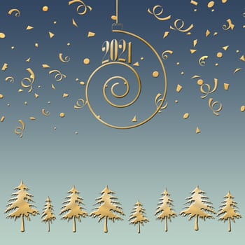 Happy new 2021 year elegant luxury gold greeting card with gold Christmas trees and gold spiral with 2021 on pastel blue background. Minimalistic text template. Copy space, mock up. 3D illustration