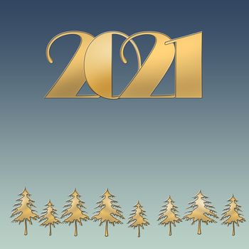 Happy new 2021 year elegant luxury gold greeting card with gold Christmas trees and text 2021 on pastel blue background. Minimalistic text template. Copy space, mock up. 3D illustration