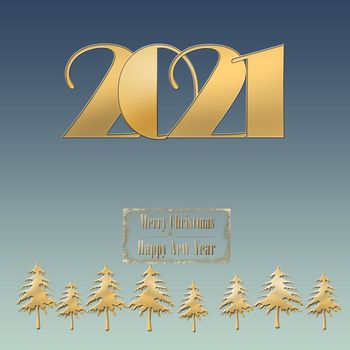 2021 Happy new year Merry Christmas gold text on pastel blue background with gold christmas trees. Elegant gold text with light. Minimalistic text template. Copy space, mock up. 3D illustration
