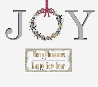 Christmas background with greeting wreath made of snowflakes, word JOY on white background. Gold text Merry christmas Happy New Year. Copy space. 3D illustration.