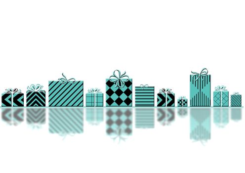 Elegant premium luxury Christmas background with collection of wrapped pastel turquoise blue gift boxes on white background. 3D Illustration. Mock up, copy space, banner