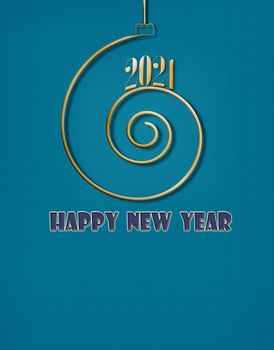 Luxury Happy new year 2021 gold text template. Design for banner, greeting cards, brochure or print. Turquoise background with gold confetti. Copy space, mock up, banner. 3D illustration