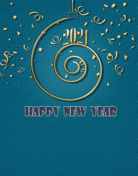 Luxury Happy new year 2021 gold text template. Design for banner, greeting cards, brochure or print. Turquoise background with gold confetti. Copy space, mock up, banner. 3D illustration