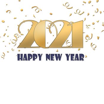 Luxury Happy new year 2021 gold text template. Design for banner, greeting cards, brochure or print. White background with confetti. Copy space, mock up, banner. 3D illustration