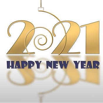 Classy gold text 2021 Happy New Year. Golden design for Christmas and New Year 2021 greeting cards on white background with reflection. Copy space, mock up. 3D illustration