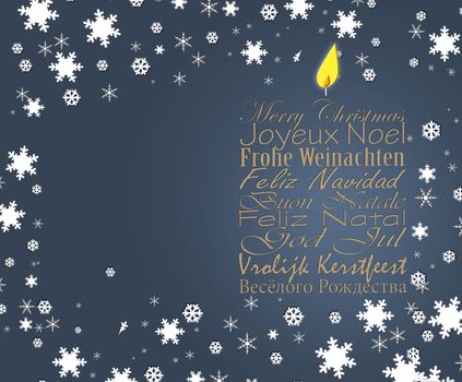 Merry Christmas business card. Christmas wishes in European languages English, French, German, Portuguese, Italian, Spanish, Swedish, Dutch, Russian on blue background with snowflakes. 3D illustration