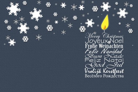 Merry Christmas business card. Christmas wishes in European languages English, French, German, Portuguese, Italian, Spanish, Swedish, Dutch, Russian on blue background with snowflakes. 3D illustration