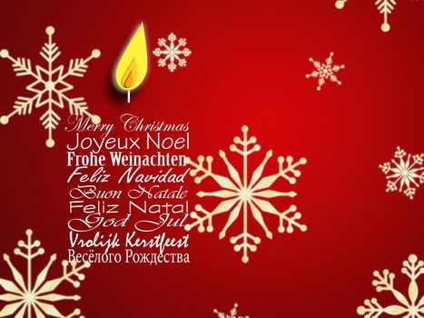 Merry Christmas business card. Christmas wishes in European languages English, French, German, Portuguese, Italian, Spanish, Swedish, Dutch, Russian shape of candle on red background. 3D illustration