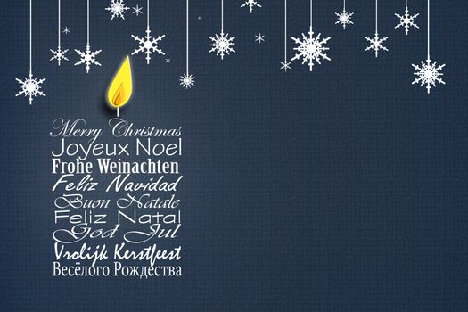 Merry Christmas business card. Christmas wishes in European languages English, French, German, Portuguese, Italian, Spanish, Swedish, Dutch, Russian shape of candle on blue background. 3D illustration