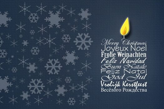 Merry Christmas business card. Christmas wishes in European languages English, French, German, Portuguese, Italian, Spanish, Swedish, Dutch, Russian on blue background with snowflakes. 3D illustration