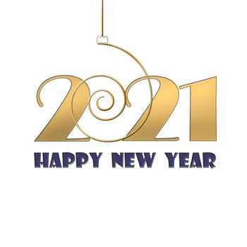 Classy gold text 2021 Happy New Year. Golden design for Christmas and New Year 2021 greeting cards on white background. Copy space, mock up. 3D illustration