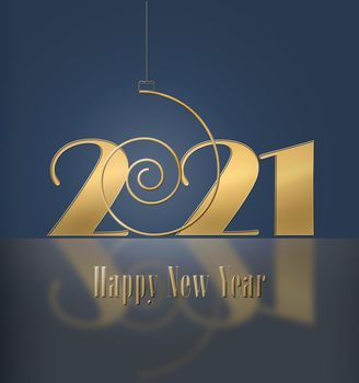 2021 happy new year background with golden spiral ball and snowflakes. Gold number 2021 and text happy new year, design template. Greeting card design. 3D illustration