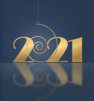 Luxury elegant 2021 Christmas greeting card. Golden shiny glitter 2021 spiral shape on dark blue background. Mock up, banner, invitation, board, web poster, corporate business card. 3D illustration