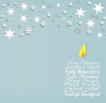 International Merry Christmas wishes in multiple languages English, French, German, Portuguese, Italian, Spanish, Swedish, Dutch shape of candle on pastel background with snowflakes. 3D Illustration