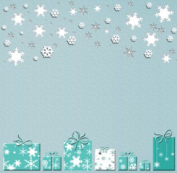 Romantic and stylish Christmas and New Year background with gifts boxes with snowflakes on pastel turquoise background. Fashionable Merry Christmas card, banner, mock up, invitation. 3D illustration
