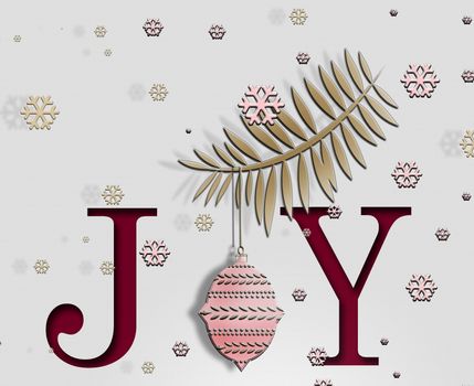 Christmas background with greeting text JOY made of snowflakes, fire brunch with pink ball. Festive Winter Pattern, word JOY on white background. 3D illustration.