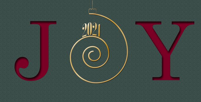 Word JOY inscription in red green color. Letters in form of golden shiny glitter 2021 spiral shape. Holiday cheer and celebration spirit. 3D illustration