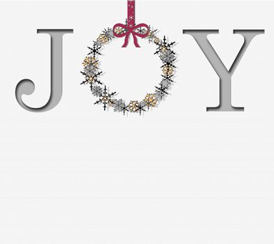 Christmas background with greeting wreath made of snowflakes, word JOY on white background. Mock up, copy space, banner, greeting card. 3D illustration.