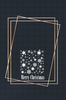 Elegant luxury Christmas New Year background with abstract pastel silver gift box made from snowflakes on black background with gold frames, text Merry Christmas. 3D illustration. Copy space, banner