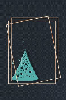 Elegant Christmas background with blue Christmas tree on black background with gold frames. Copy space, 3D illustartion