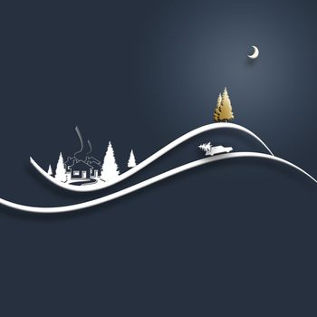 Beautiful stylish minimalist Christmas winter night landscape with houses, moon, pine fir, car with tree and gold Christmas trees on dark blue background. Design, poster. 3D Illustration