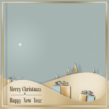 Peaceful trendy Christmas greeting card. Pastel green gold background, firs, gift boxes. Text Merry Christmas Happy New Year. Festive Pattern, Wallpaper. 3D illustration