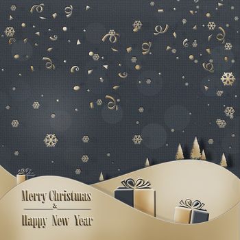 Peaceful trendy Christmas greeting card. Calm night on dark blue background, gold confetti, pine fir, gift boxes, snow. Text Merry Christmas Happy New Year. Festive Pattern, Wallpaper. 3D illustration