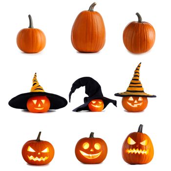 A collection of Jack O Lantern Halloween pumpkins and whole gourds with various different designs isolated on white background