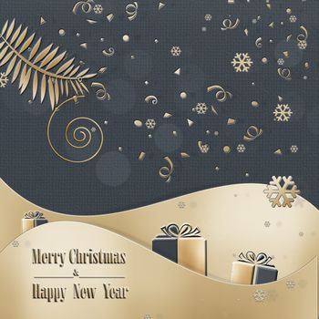 Peaceful trendy Christmas greeting card. Calm night on black background with gold curves, confetti, fire, gift boxes. Text Merry Christmas Happy New Year. Festive Pattern, Wallpaper. 3D illustration