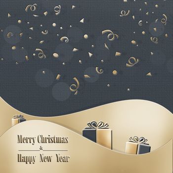 Peaceful trendy Christmas greeting card. Calm night on dark blue background, gold confetti, pine fir, gift boxes, snow. Text Merry Christmas Happy New Year. Festive Pattern, Wallpaper. 3D illustration