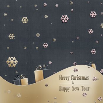 Peaceful trendy Christmas greeting card. Calm night on dark blue background, gold confetti, pine fir, gift boxes, snow. Text Merry Christmas Happy New Year. Festive Pattern, Wallpaper. 3D illustration