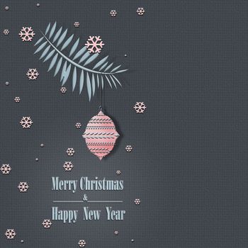 Peaceful trendy New year Christmas greeting card. Calm night on grey pastel background, snowflakes, fire brunch with pink ball. Festive Winter Pattern, Wallpaper, Fabric. copy space, 3D illustratiion