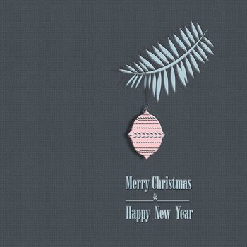 Peaceful trendy New year Christmas greeting card with text. Calm night on grey background, pine fire brunch with pink ball. Festive Winter Pattern, Wallpaper, mock up, copy space, 3D illustratiion