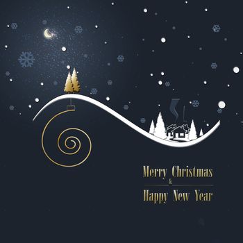 Beautiful stylish minimalist Christmas winter night landscape with snow, houses, moon, pine firs, shiny spiral and gold Christmas trees on dark blue background. Design, poster,card. 3D Illustration