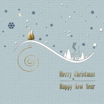 Beautiful stylish minimalist Christmas winter landscape with snow, houses, moon, pine fir, shiny golden spiral and gold Christmas trees on pastel green background. Poster. 3D Illustration
