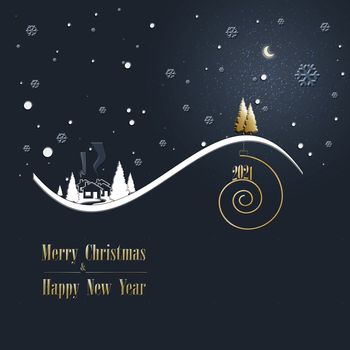 Beautiful stylish minimalist Christmas winter night landscape with snow, houses, star, pine fir, shiny text 2021 on golden spiral and gold Christmas trees on dark blue background. Design, poster. 3D Illustration
