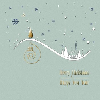 Beautiful stylish minimalist Christmas winter landscape with snow, houses, moon, pine fir, shiny text 2021 on golden spiral and gold Christmas trees on pastel green background. Poster. 3D Illustration