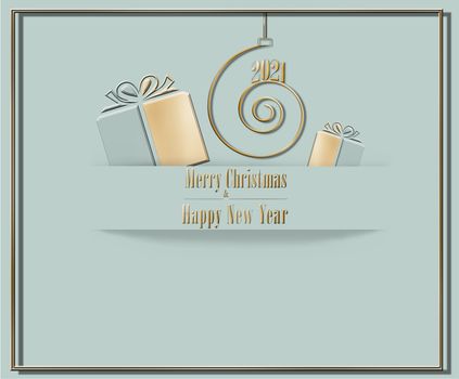 Elegant luxury 2021 Merry Christmas Happy New Year card in pastel green colour with golden green gift boxes, and shiny text 2021 on golden spiral. 3D Illustration