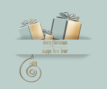 Elegant luxury 2021 Merry Christmas Happy New Year card in pastel green colour with golden green gift boxes, and shiny text 2021 on golden spiral. 3D Illustration