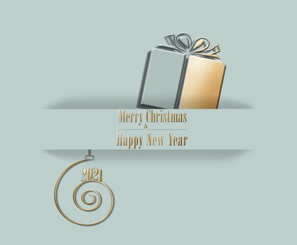 Elegant luxury 2021 Merry Christmas Happy New Year card in pastel green colour with golden green gift box, and shiny 2021 on golden spiral. 3D Illustration